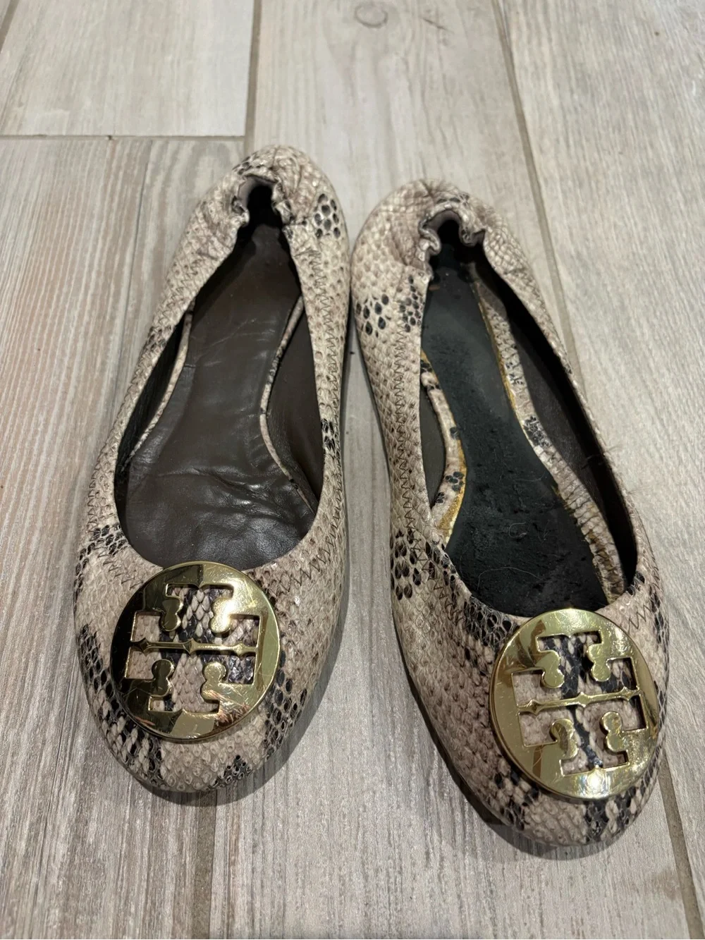 Tory Burch Snake-Print Reva Ballet Flats in Beige/Taupe with Gold Logo
